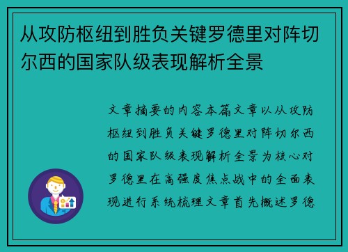 从攻防枢纽到胜负关键罗德里对阵切尔西的国家队级表现解析全景
